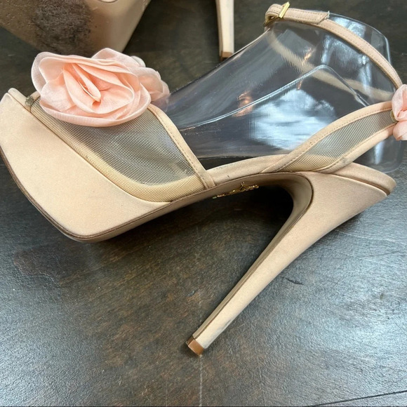 Charlotte Olympia Fleur Platform Sandals Heels Organza Flowers Pink Nude 38 1/2 - Picture 6 of 16